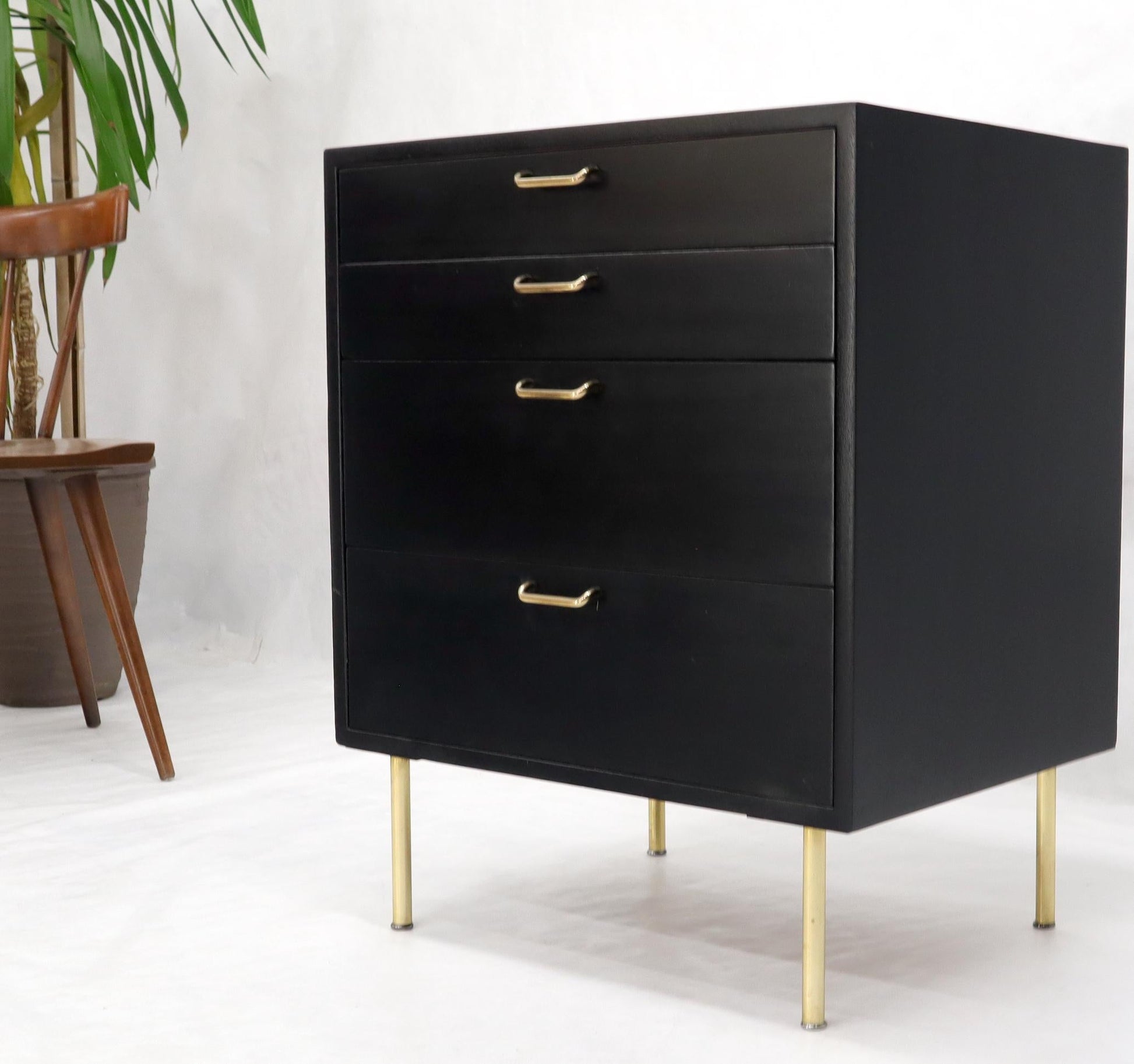 EstablishedLines Harvey Probber Black Lacquer Mahogany Brass Hardware and Legs 4 Drawer Chest