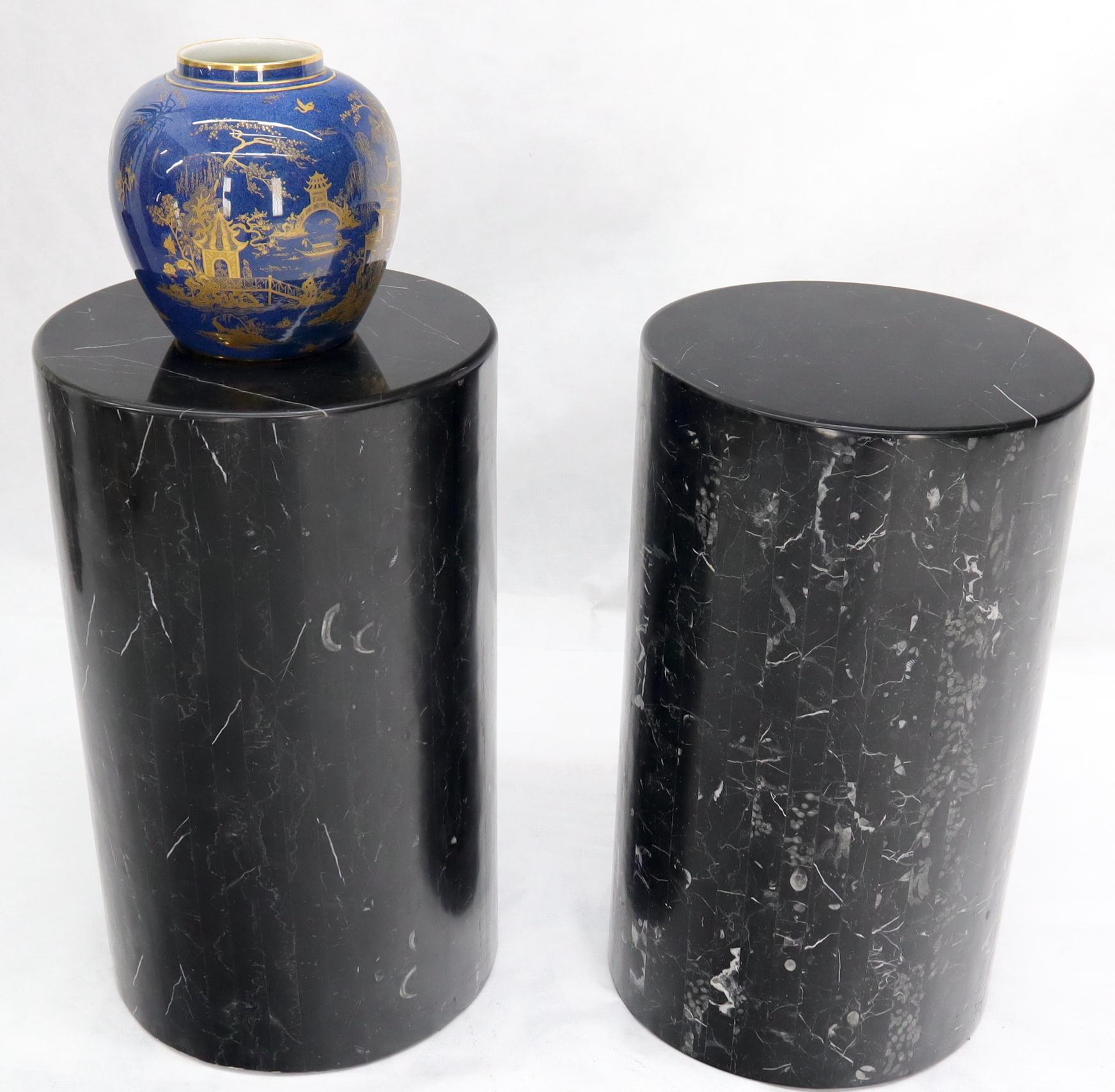EstablishedLines Pair of Black Marble Stone Veneer Sheeted Tiled Round Cylinder Pedestals