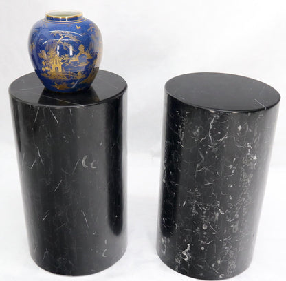 EstablishedLines Pair of Black Marble Stone Veneer Sheeted Tiled Round Cylinder Pedestals