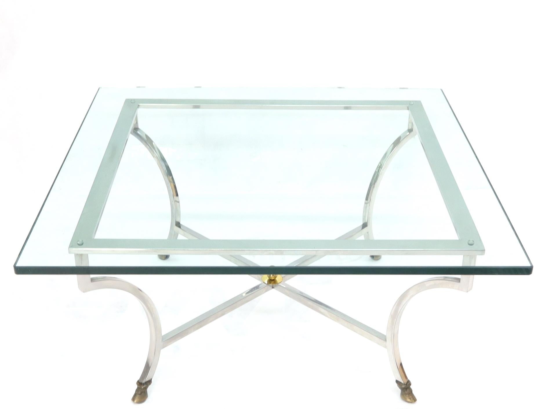 EstablishedLines Square Chrome and Brass Hoof Feet Base Thick Glass Top Coffee Table