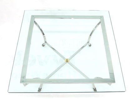 EstablishedLines Square Chrome and Brass Hoof Feet Base Thick Glass Top Coffee Table