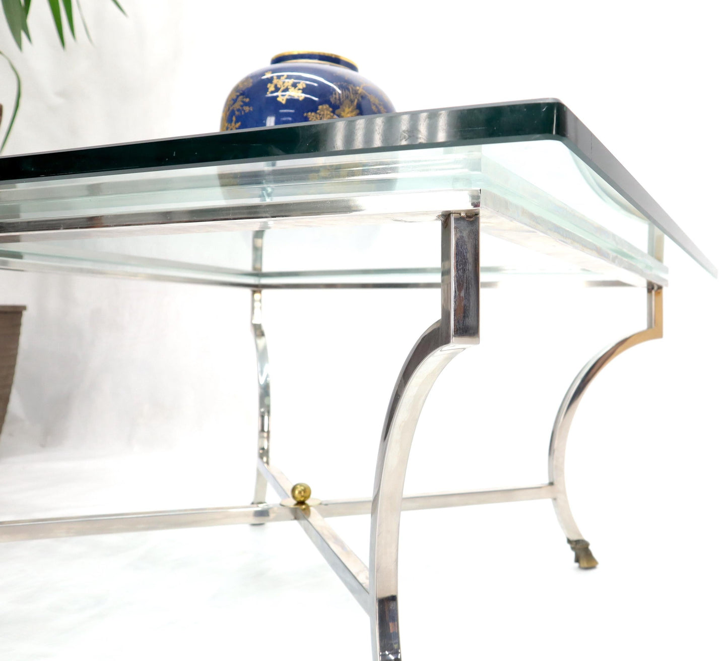 EstablishedLines Square Chrome and Brass Hoof Feet Base Thick Glass Top Coffee Table