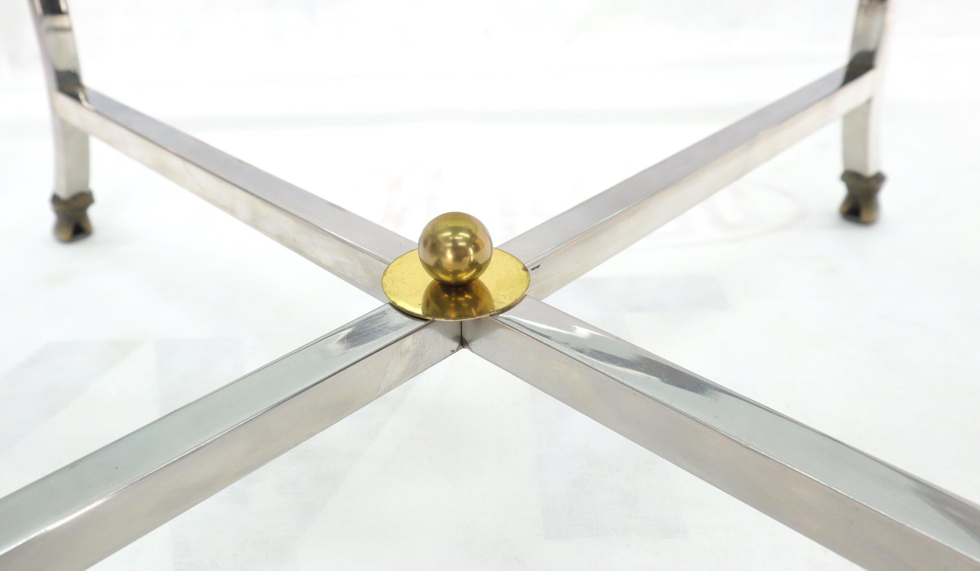 EstablishedLines Square Chrome and Brass Hoof Feet Base Thick Glass Top Coffee Table