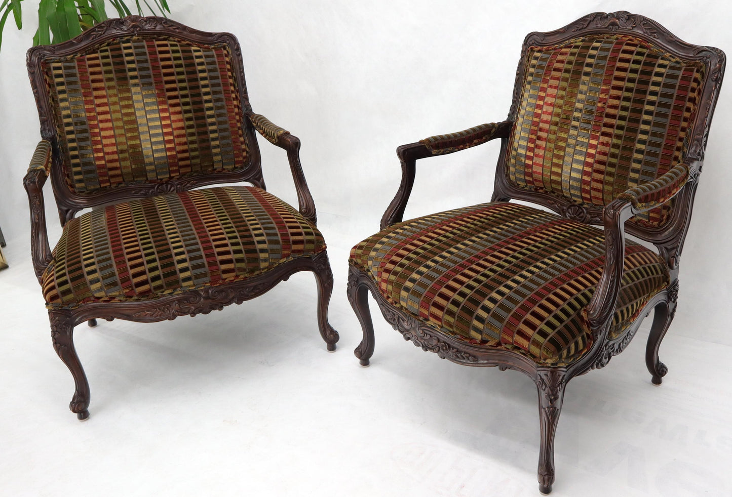 EstablishedLines Pair of Wide Carved French Provincial Style Lounge Living Room Fireside Chairs