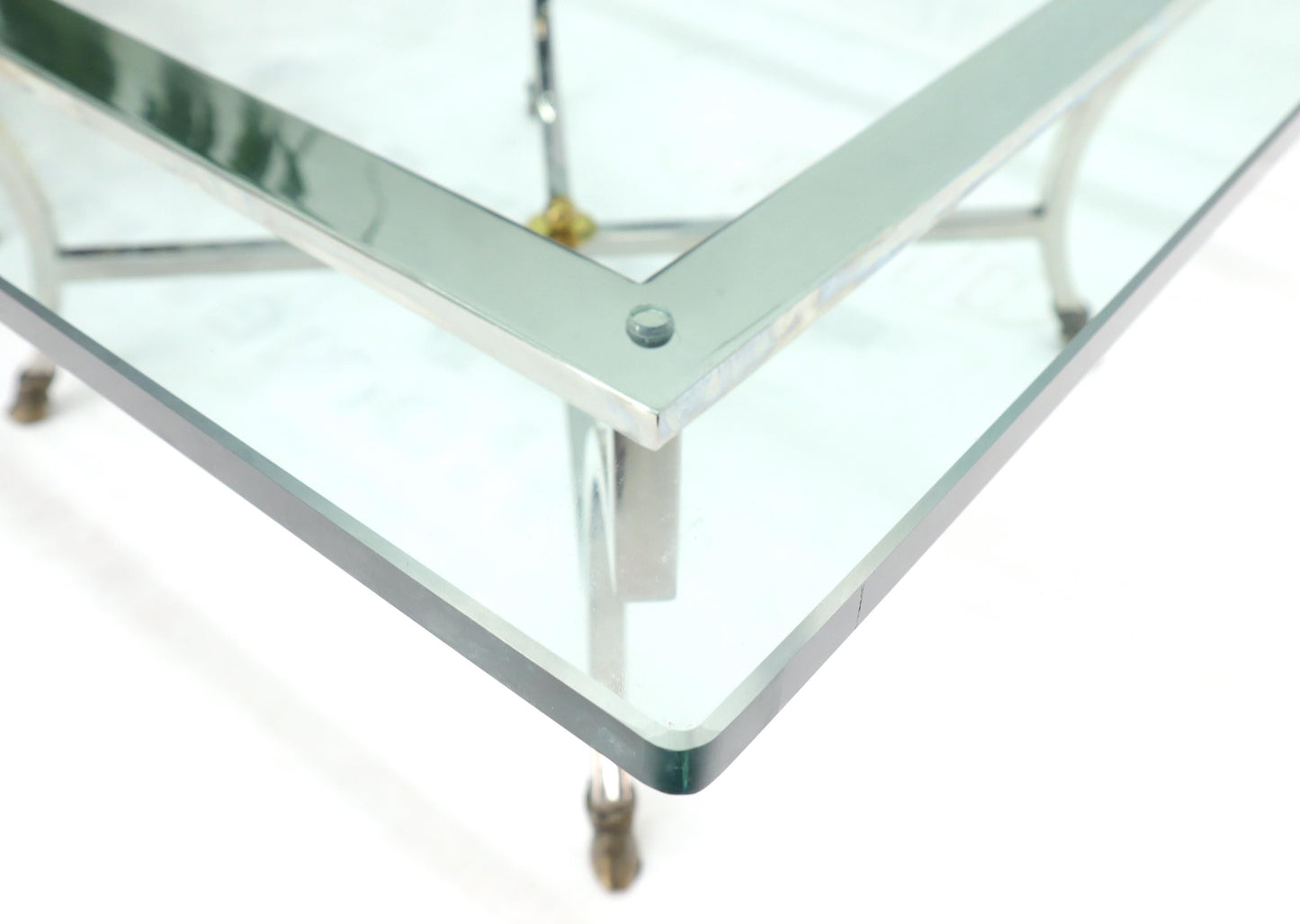 EstablishedLines Square Chrome and Brass Hoof Feet Base Thick Glass Top Coffee Table
