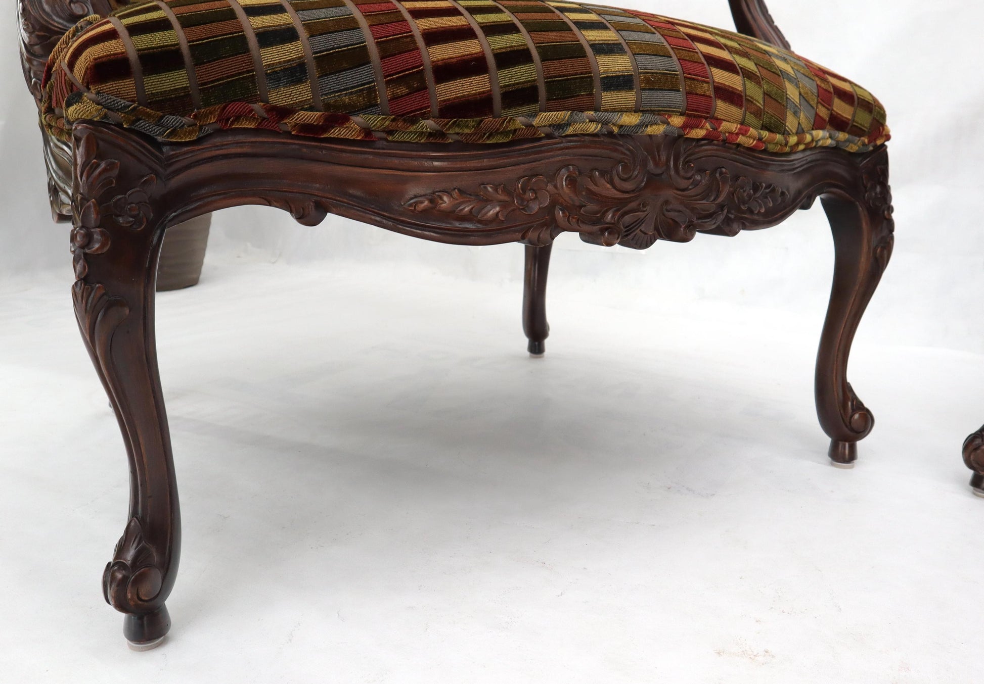 EstablishedLines Pair of Wide Carved French Provincial Style Lounge Living Room Fireside Chairs