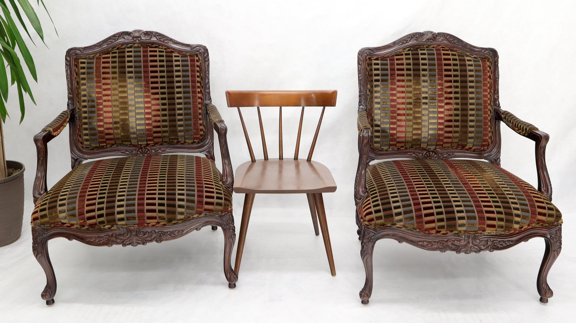 EstablishedLines Pair of Wide Carved French Provincial Style Lounge Living Room Fireside Chairs