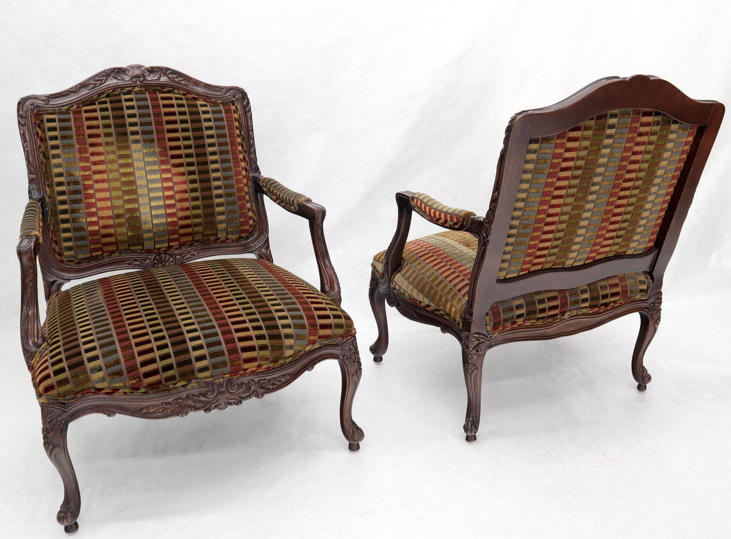 EstablishedLines Pair of Wide Carved French Provincial Style Lounge Living Room Fireside Chairs