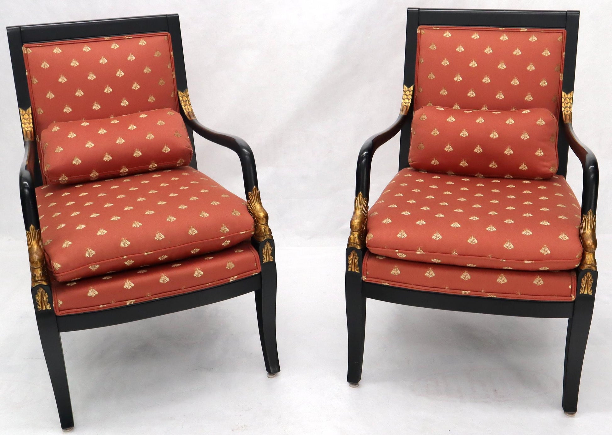 EstablishedLines Pair of Ebonized Gold Decorated Carving Frames Neoclassical Armchairs
