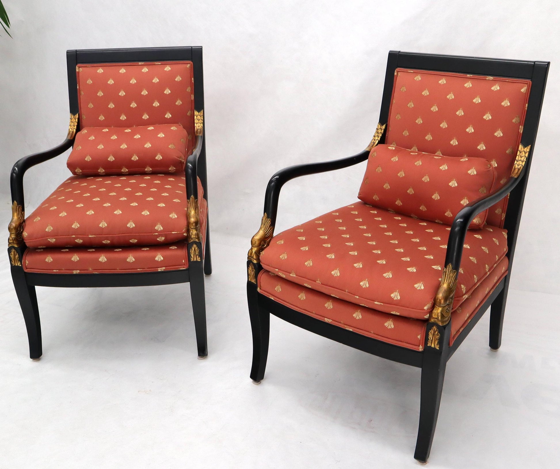 EstablishedLines Pair of Ebonized Gold Decorated Carving Frames Neoclassical Armchairs