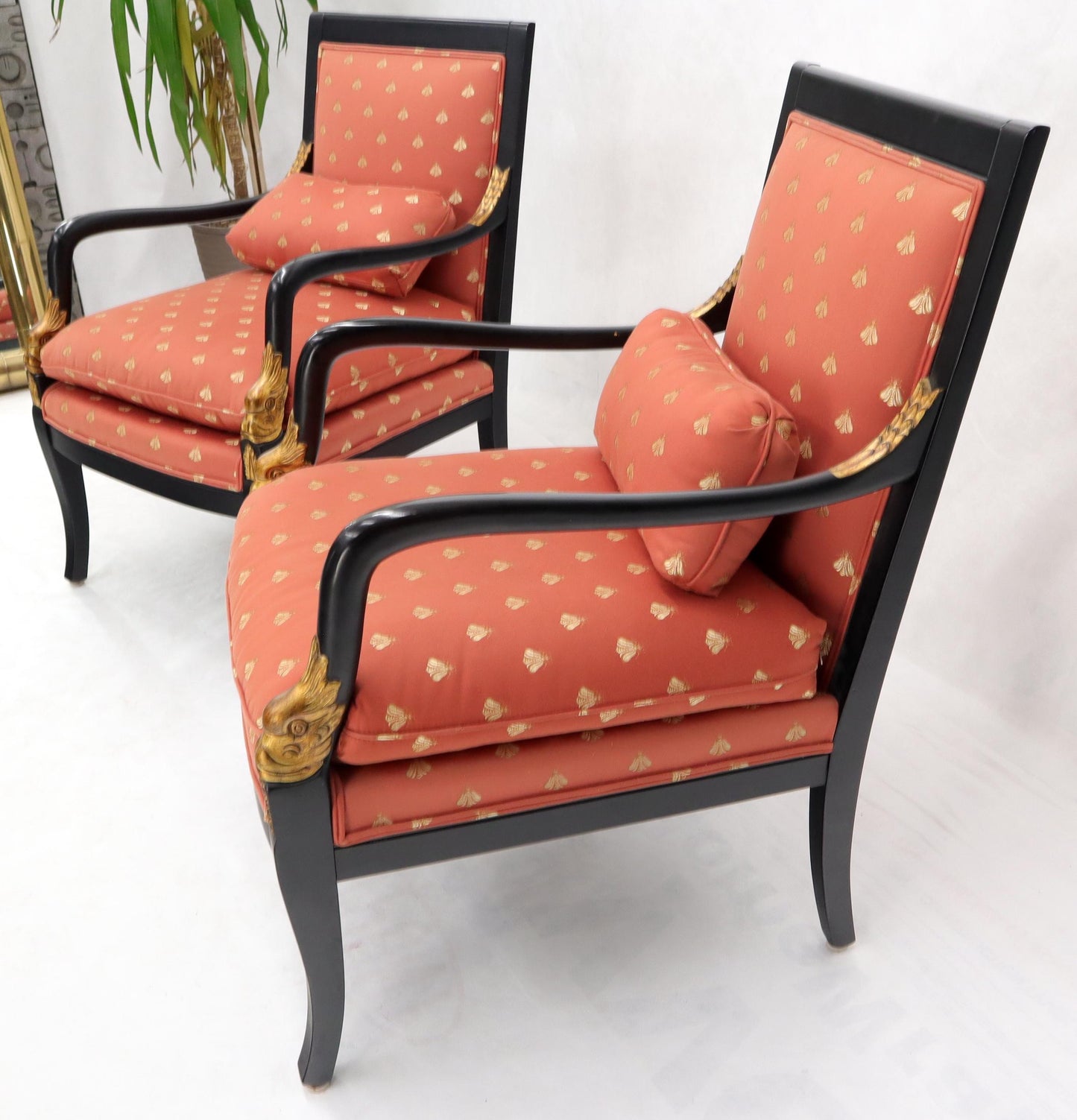 EstablishedLines Pair of Ebonized Gold Decorated Carving Frames Neoclassical Armchairs