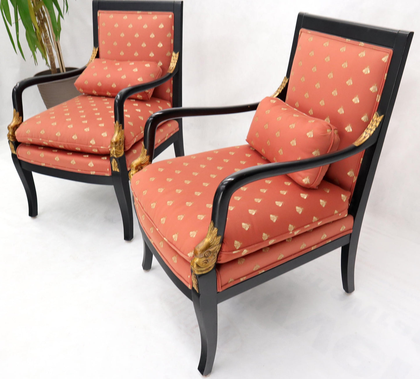 EstablishedLines Pair of Ebonized Gold Decorated Carving Frames Neoclassical Armchairs