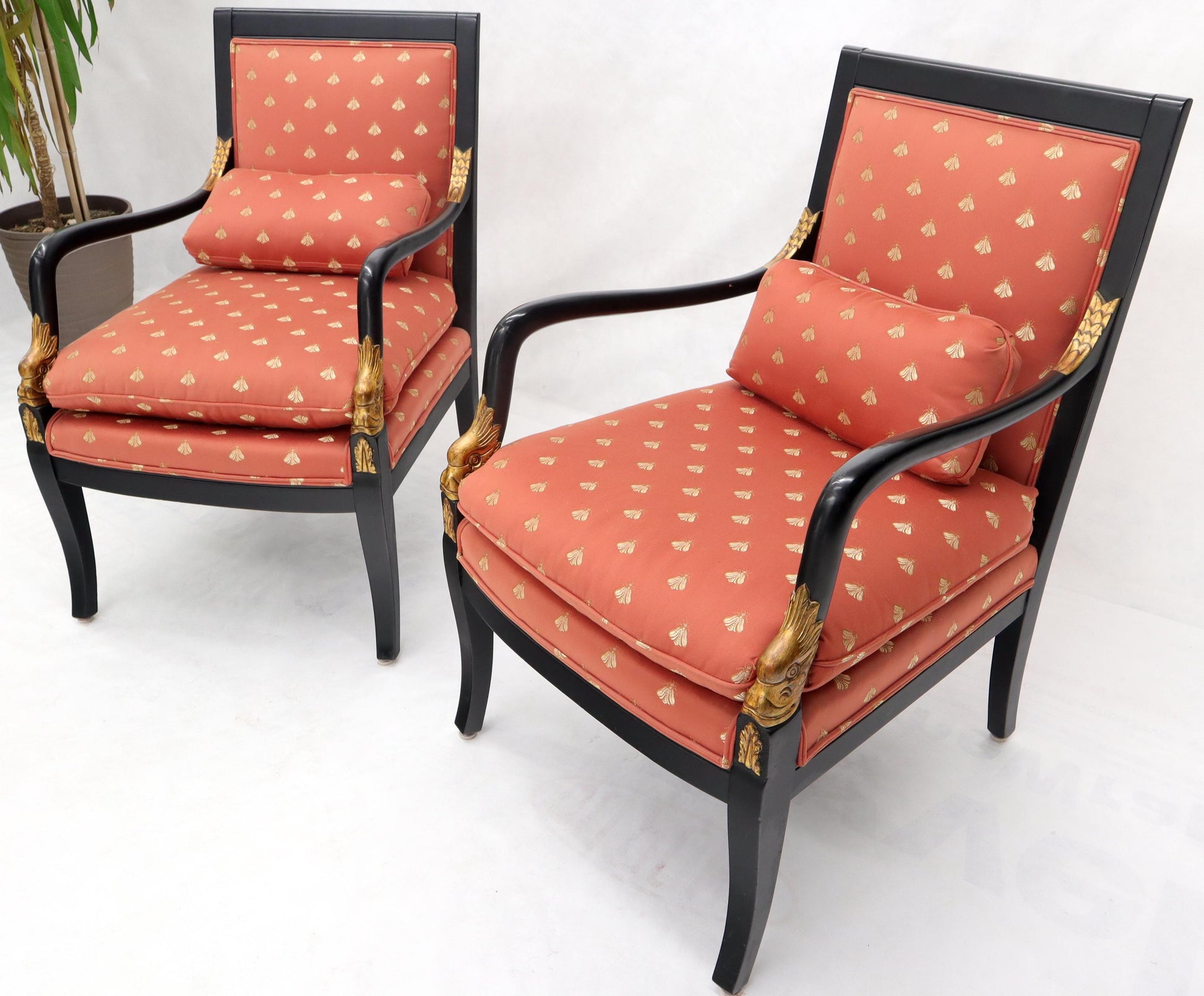 EstablishedLines Pair of Ebonized Gold Decorated Carving Frames Neoclassical Armchairs