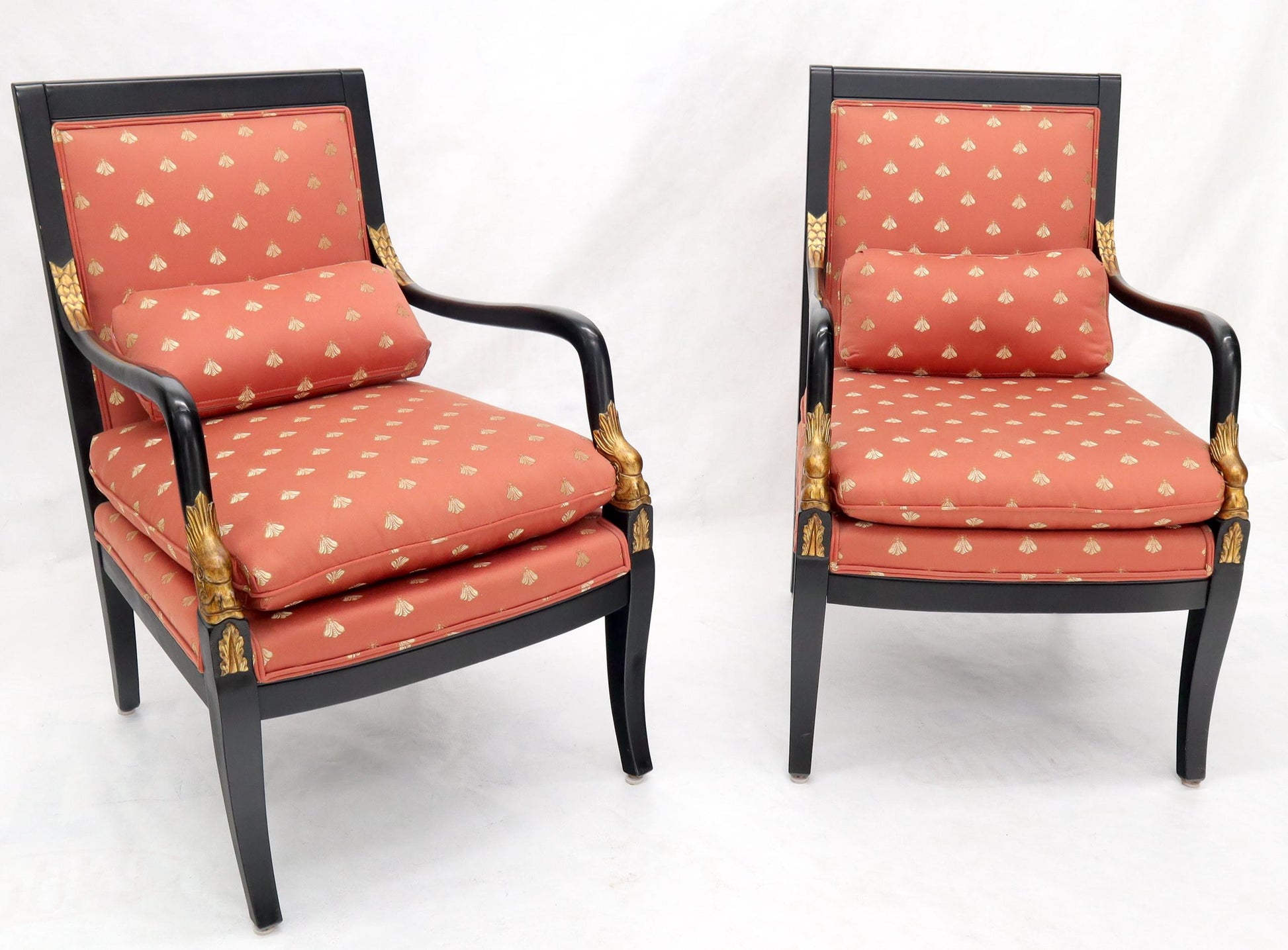EstablishedLines Pair of Ebonized Gold Decorated Carving Frames Neoclassical Armchairs