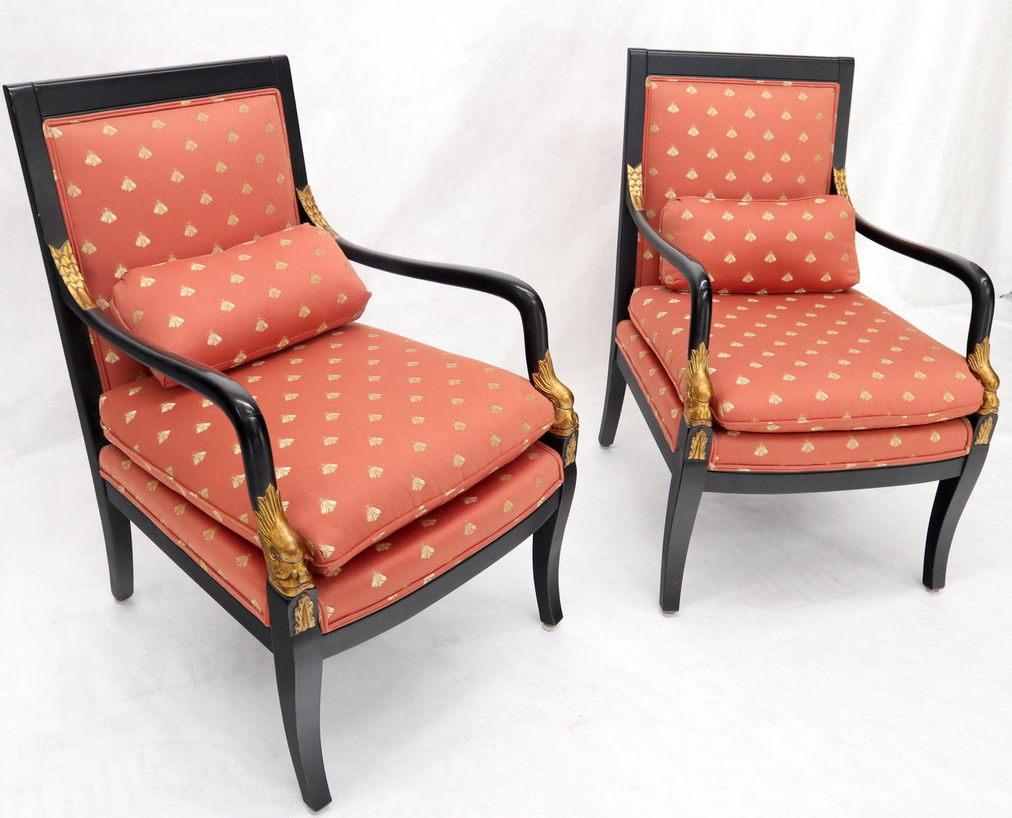EstablishedLines Pair of Ebonized Gold Decorated Carving Frames Neoclassical Armchairs