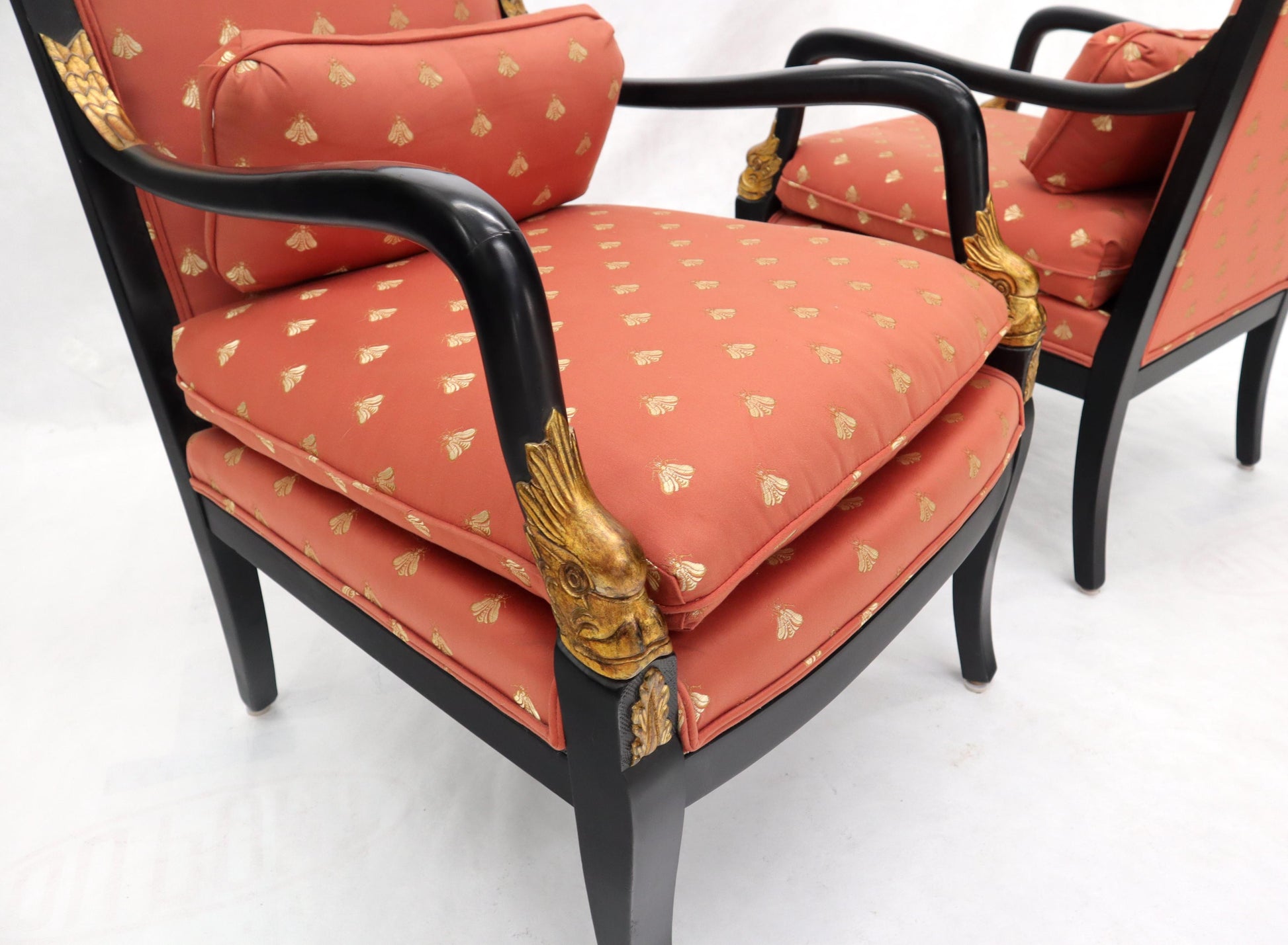 EstablishedLines Pair of Ebonized Gold Decorated Carving Frames Neoclassical Armchairs