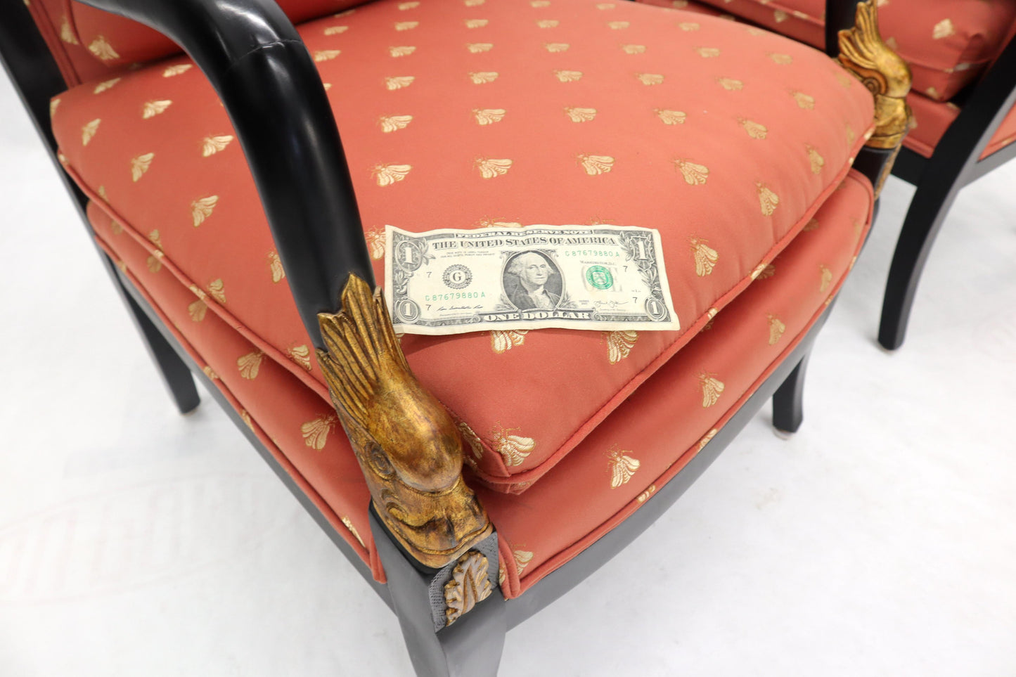 EstablishedLines Pair of Ebonized Gold Decorated Carving Frames Neoclassical Armchairs