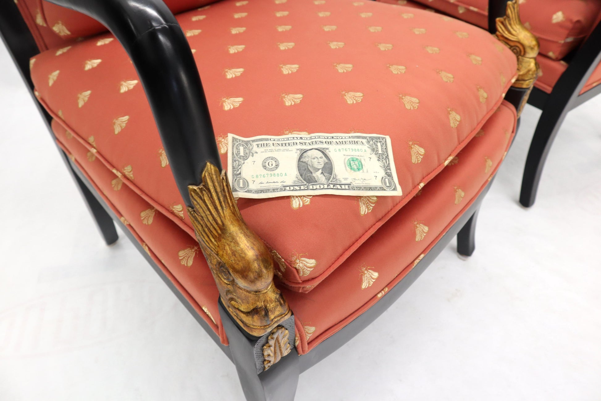 EstablishedLines Pair of Ebonized Gold Decorated Carving Frames Neoclassical Armchairs