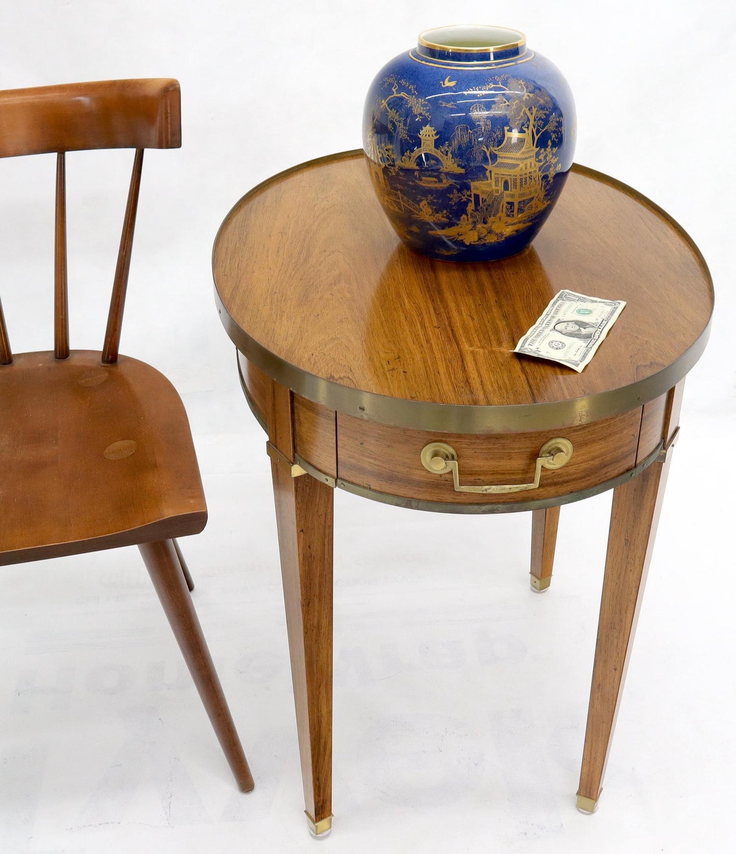 EstablishedLines Oval Brass Gallery One-Drawer End Side Table in Bleached Rosewood by Baker