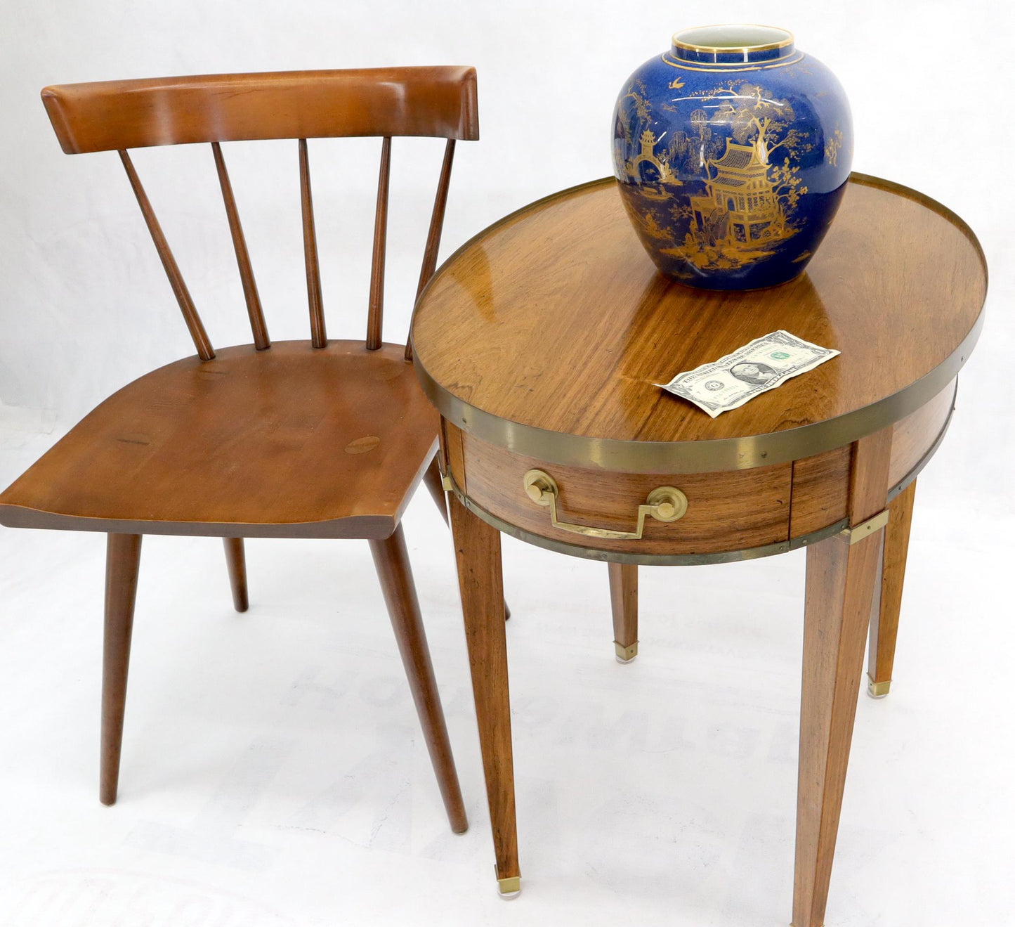 EstablishedLines Oval Brass Gallery One-Drawer End Side Table in Bleached Rosewood by Baker