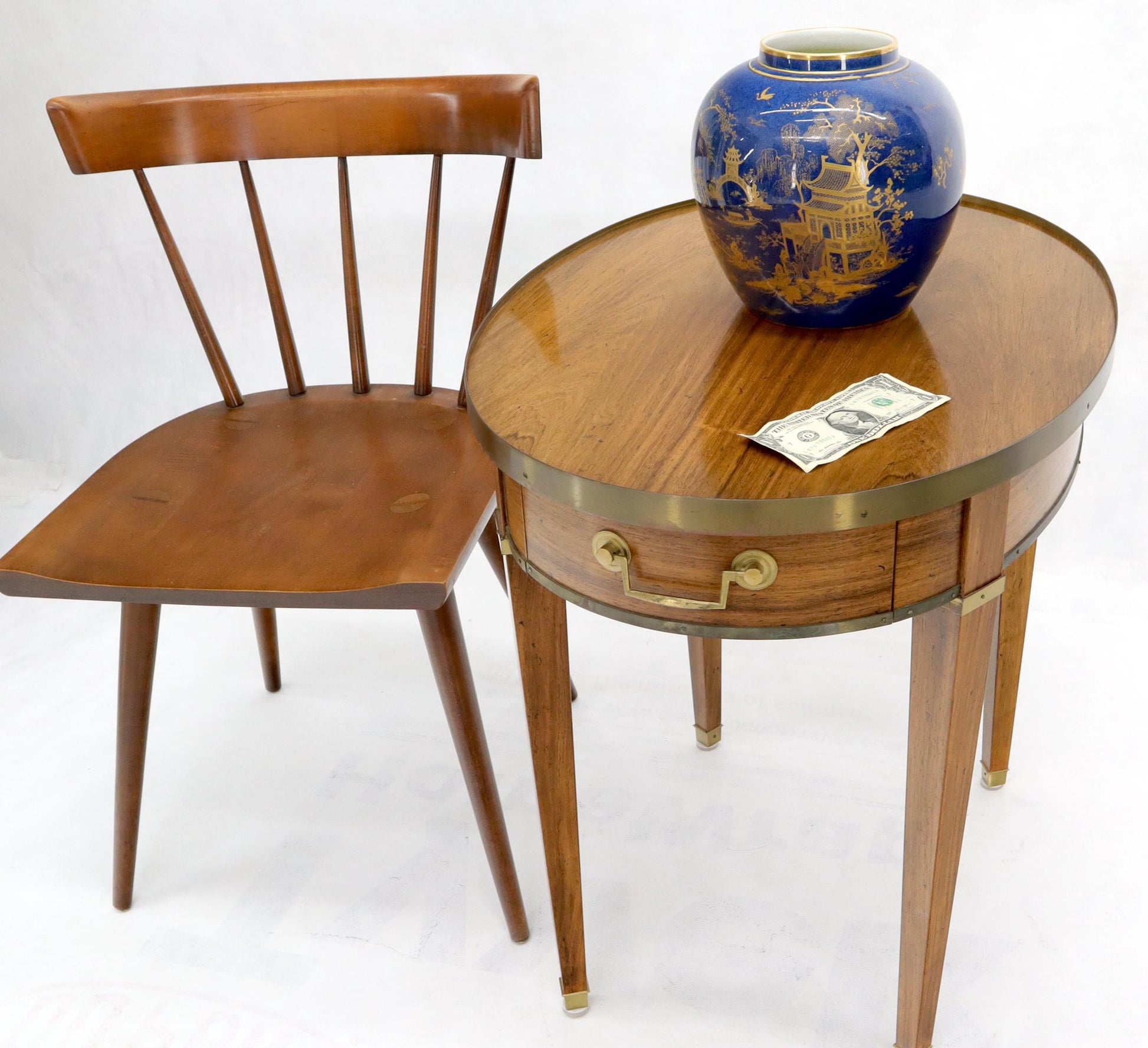 EstablishedLines Oval Brass Gallery One-Drawer End Side Table in Bleached Rosewood by Baker