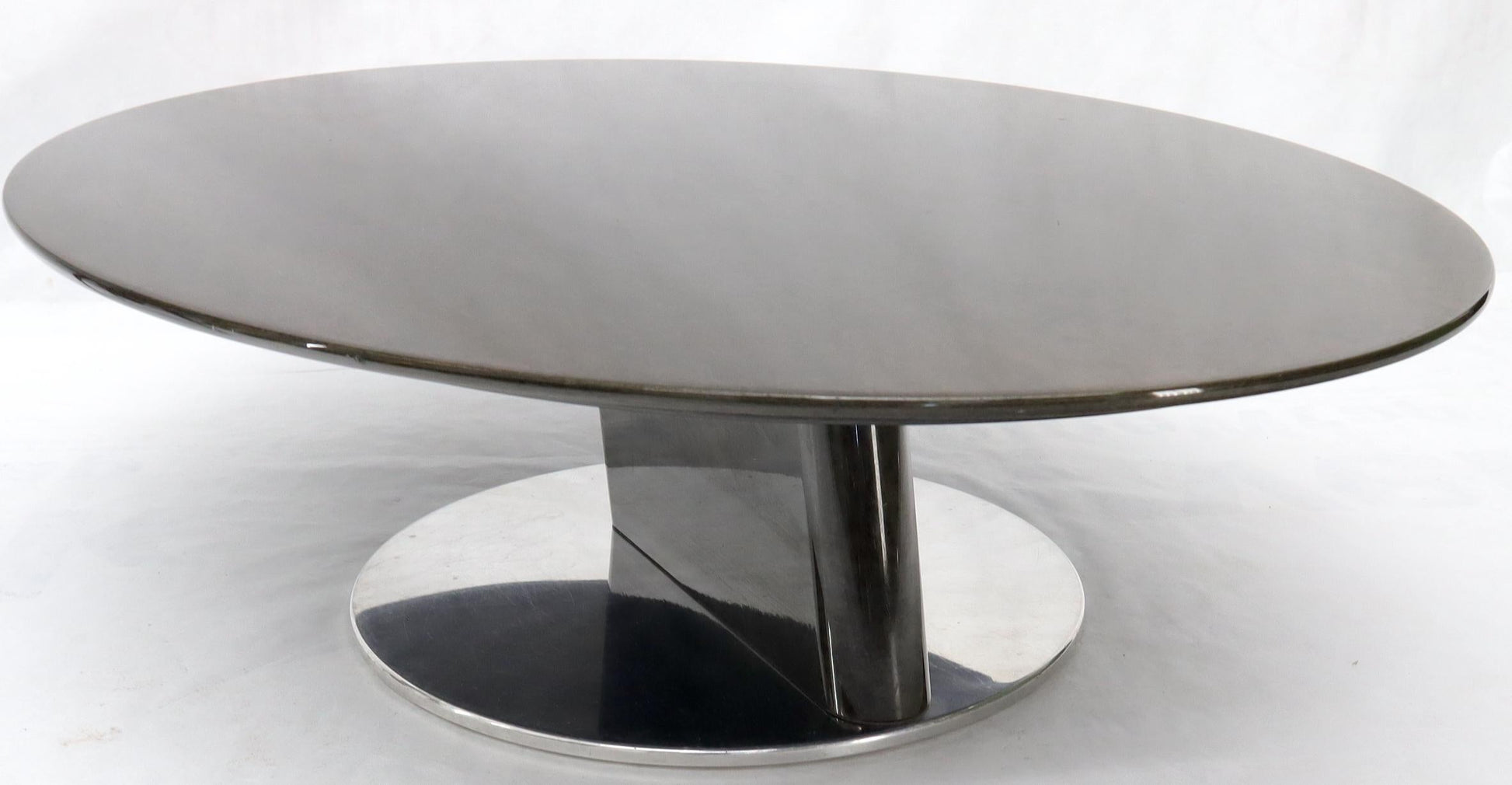 EstablishedLines Oval Grey Bird's-Eye Maple Top Heavy Steel Base Coffee Table by Saporiti