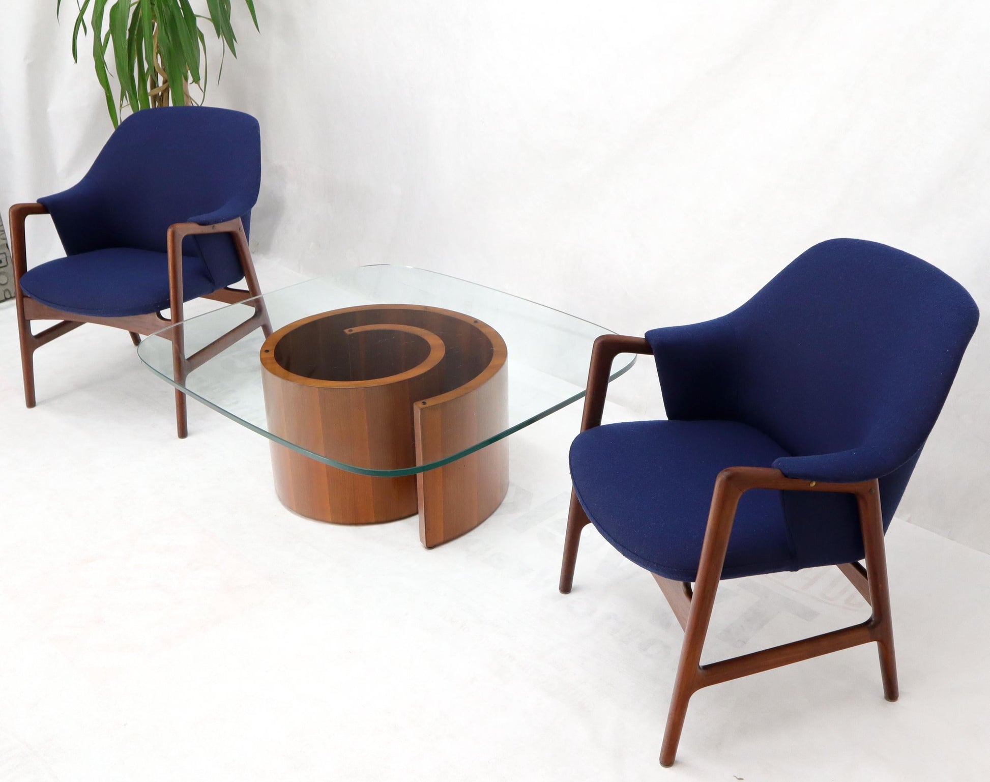 EstablishedLines New Blue Wool Upholstery Teak Frames Danish Mid-Century Modern Lounge Chairs