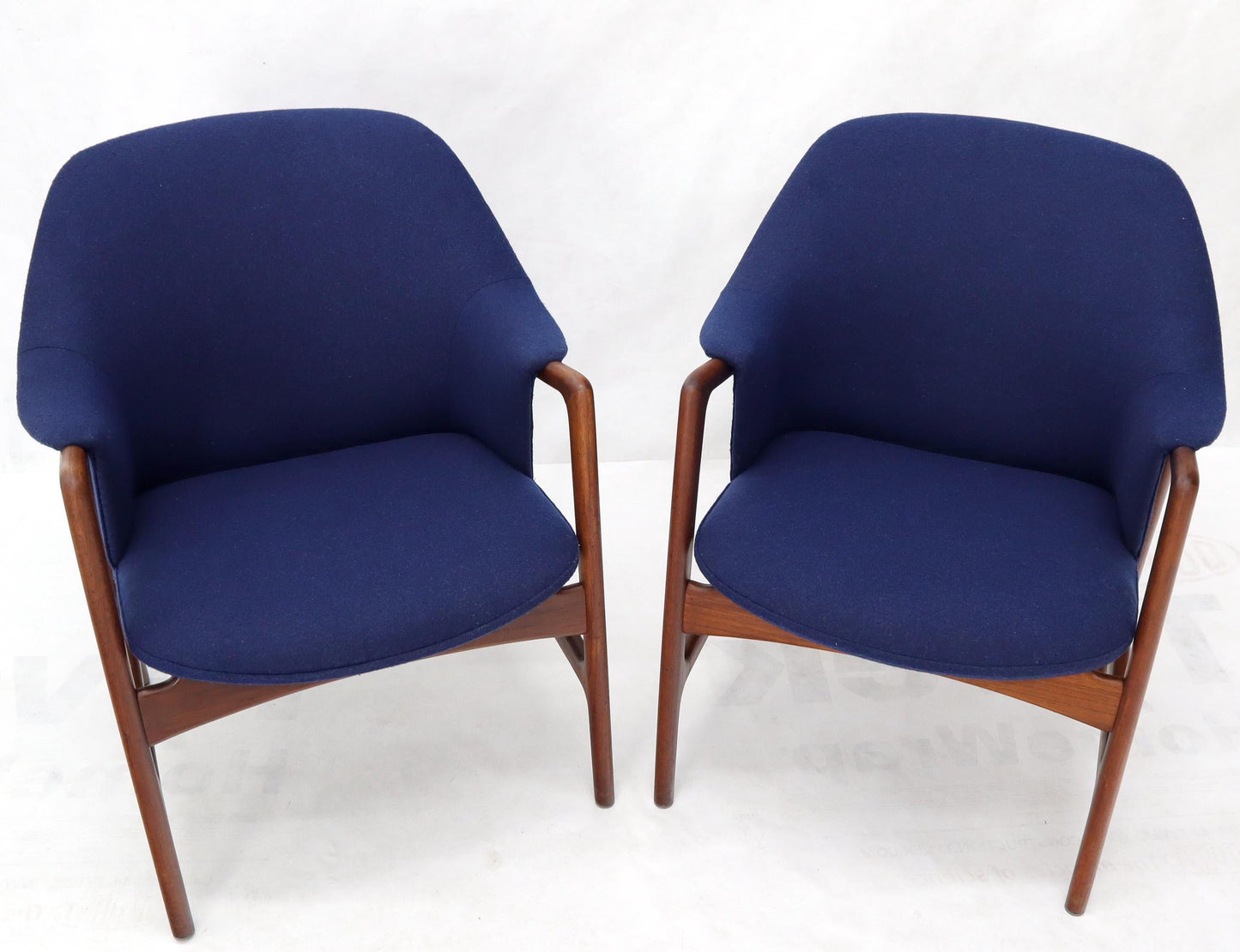 EstablishedLines New Blue Wool Upholstery Teak Frames Danish Mid-Century Modern Lounge Chairs