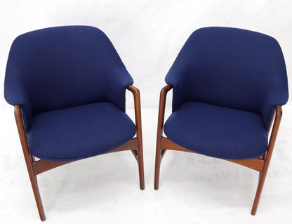 EstablishedLines New Blue Wool Upholstery Teak Frames Danish Mid-Century Modern Lounge Chairs