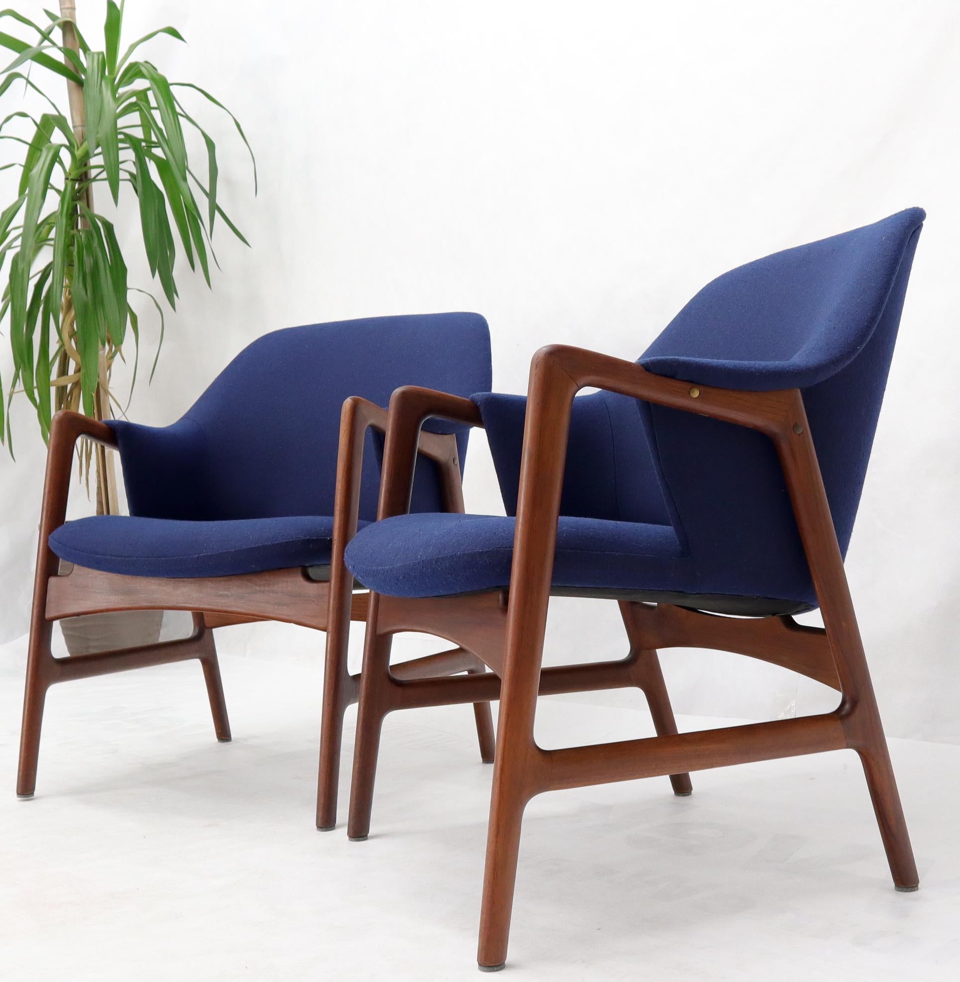 EstablishedLines New Blue Wool Upholstery Teak Frames Danish Mid-Century Modern Lounge Chairs
