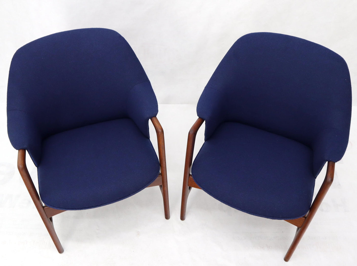 EstablishedLines New Blue Wool Upholstery Teak Frames Danish Mid-Century Modern Lounge Chairs
