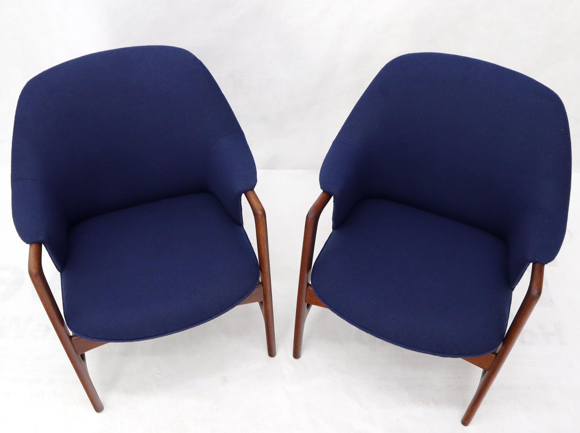 EstablishedLines New Blue Wool Upholstery Teak Frames Danish Mid-Century Modern Lounge Chairs