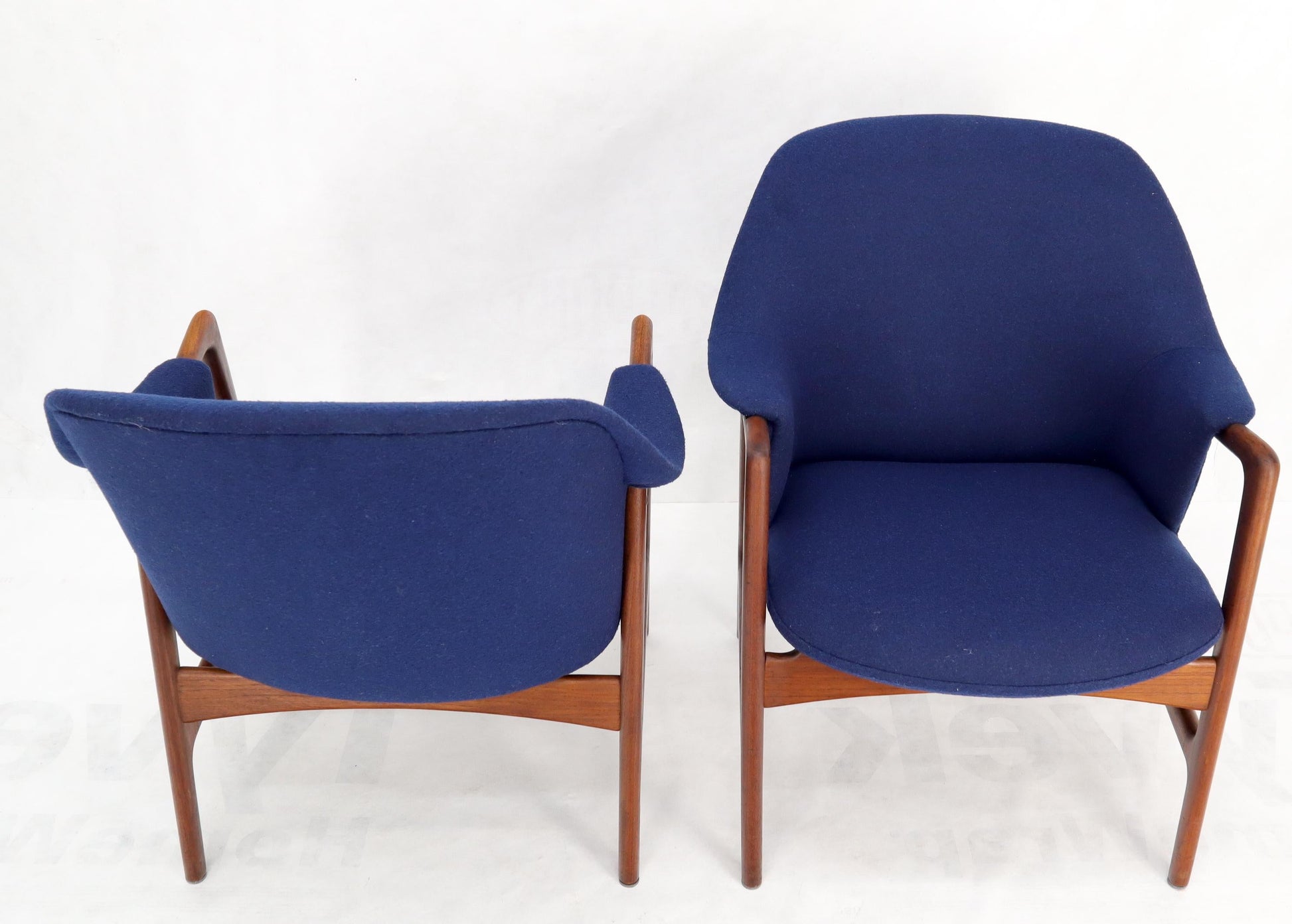 EstablishedLines New Blue Wool Upholstery Teak Frames Danish Mid-Century Modern Lounge Chairs