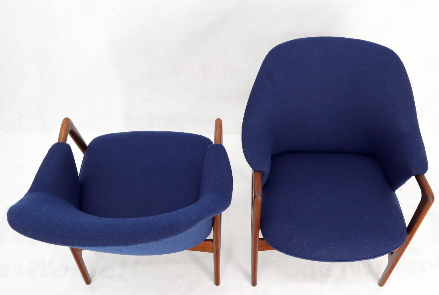 EstablishedLines New Blue Wool Upholstery Teak Frames Danish Mid-Century Modern Lounge Chairs
