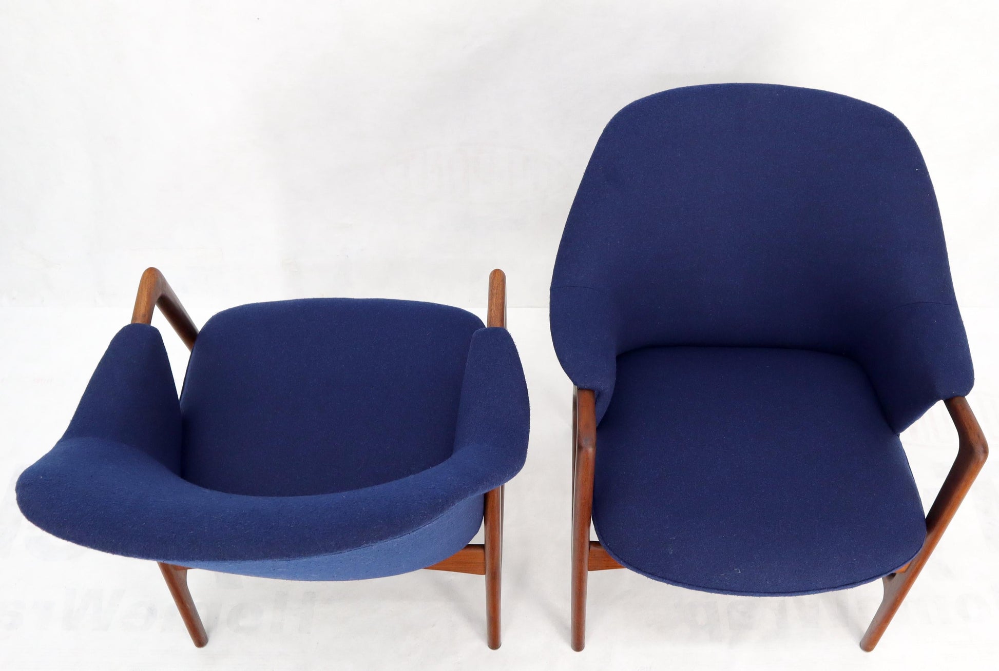 EstablishedLines New Blue Wool Upholstery Teak Frames Danish Mid-Century Modern Lounge Chairs