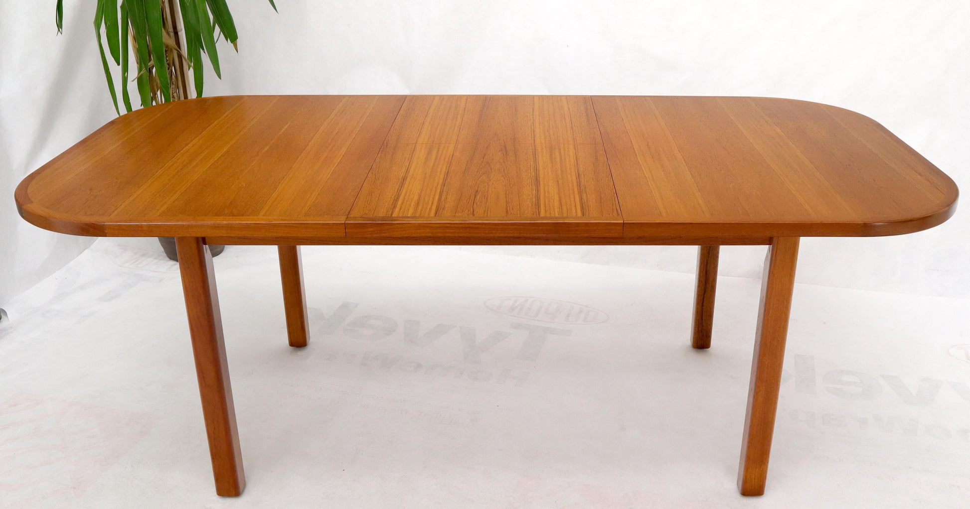 EstablishedLines Rectangle Round Corners Teak Midcentury Danish Modern Dining Table Pop Up Leaf