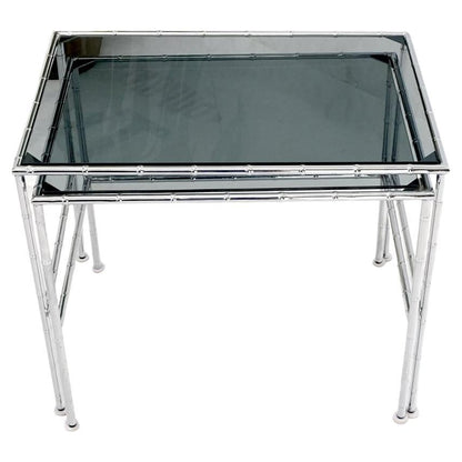 EstablishedLines Pair of Chrome Faux Bamboo Smoked Glass Tops Nesting Tables