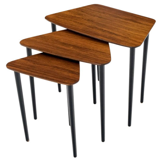EstablishedLines Set of Three Italian Rosewood Mid Century Modern Dowel Leg Nesting Tables