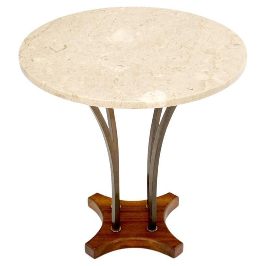 EstablishedLines Round Marble Top Brass & Walnut Occasional End Side Table Lamp Stand