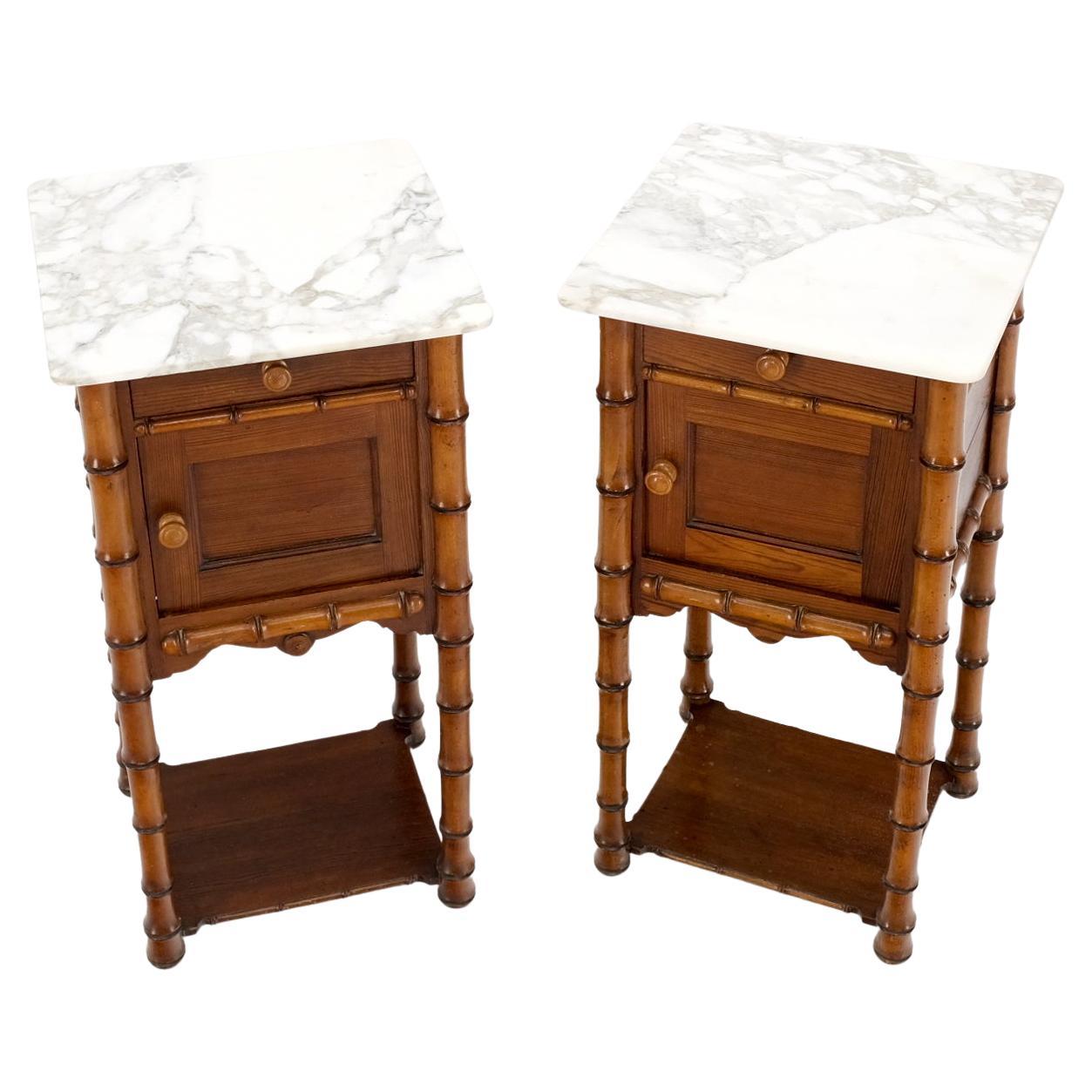 EstablishedLines Pair of Antique Faux Bamboo Marble Top Two Tier One Door Drawer Nightstands