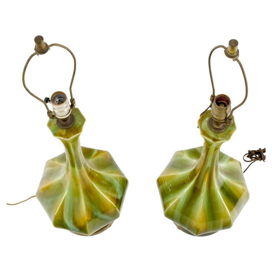 EstablishedLines Pair Mid Century Onion Shape Glazed Green Yellow Blue Lava Pattern Table Lamps
