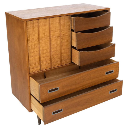 EstablishedLines Light American Walnut 8 Drawers High Chest Dresser Cane Sliding Door Compartment
