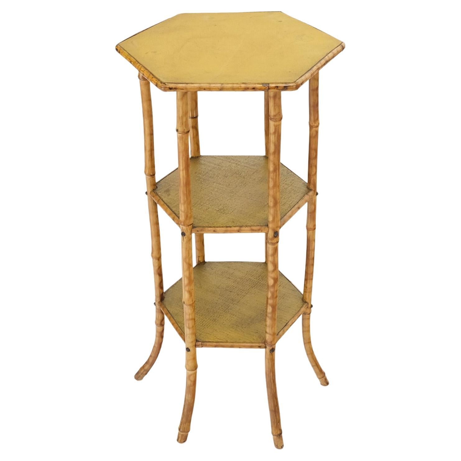 EstablishedLines 3 Tier Grass Cloth Hexagon Burnt Bamboo Antique Pedestal Candle Lamp Table Stand
