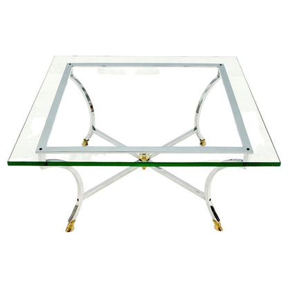EstablishedLines Brass Hoof Feet Polished Chrome Glass Top Square Coffee Table Mid-Century Modern
