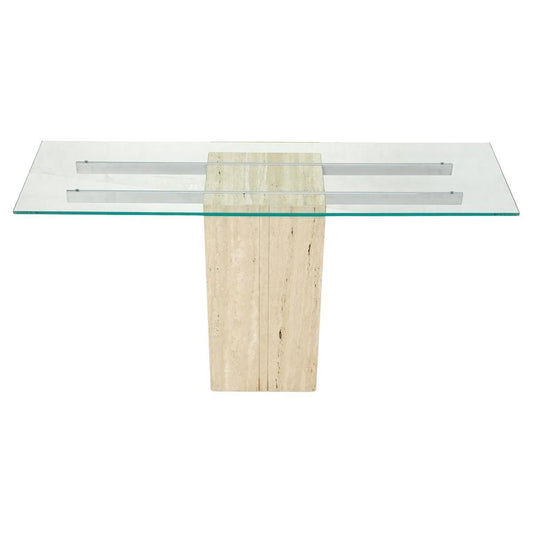 EstablishedLines Travertine Pedestal Base Glass Top Console Sofa Hall Table