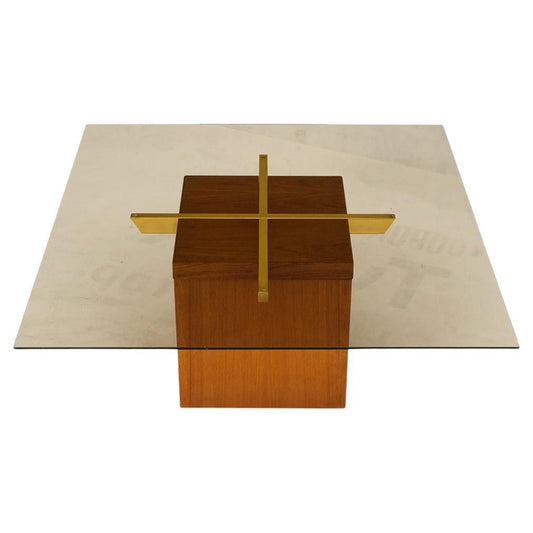 EstablishedLines Teak Cube & Brass X Base Danish Modern Bronze Smoked Square Glass Coffee Table