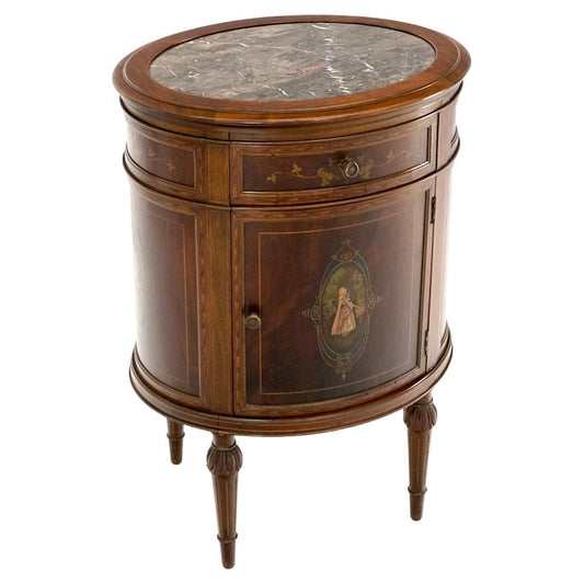 EstablishedLines Marble Top Oval One Door Compartment Drawer Adams Style Painted Stand Table