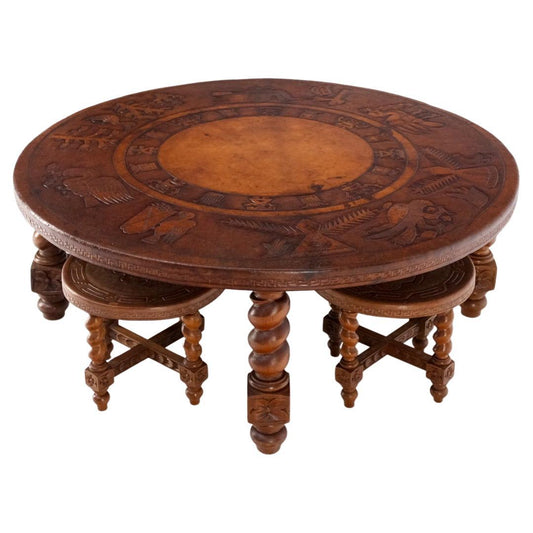 EstablishedLines Mid Century Embossed Leather South American Coffee Table 4 Nesting Stools Chairs