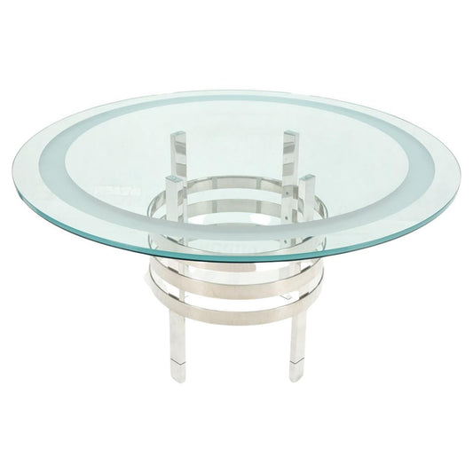 EstablishedLines Heavy Polished Solid Stainless Steel Glass Round Dining Game Table Ribbed Design