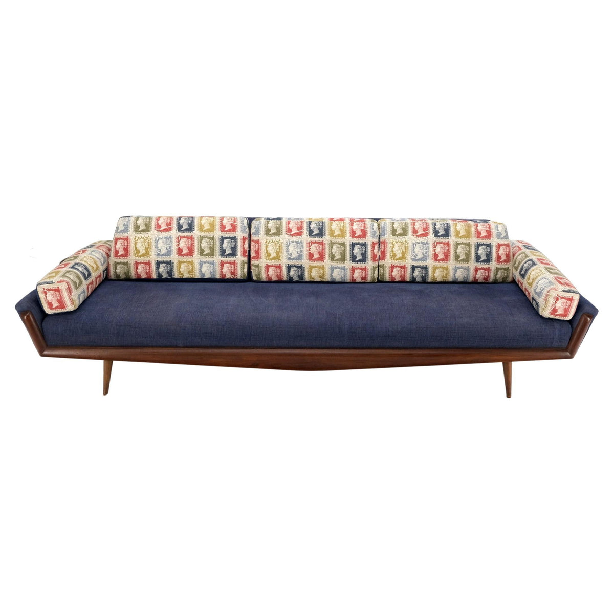 Adrian Pearsall Mid-Century Walnut Frame Stamps Theme Upholstery Gondola Sofa